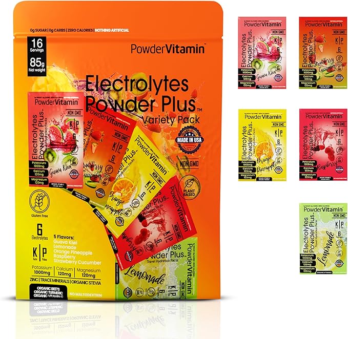PowderVitamin Electrolytes Powder Plus, Keto, Variety Pack A, Sugar Free, Pink Himalayan Salt, 1000mg Potassium, 120mg Calcium, 120mg Magnesium, Non-GMO, Zero Calories, (16 Hydration Packets)