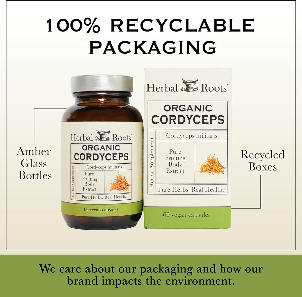 Herbal Roots Organic Cordyceps - Fruiting Body Extract Mushroom Capsules - Immune & Energy Support - 60 Vegan Capsules