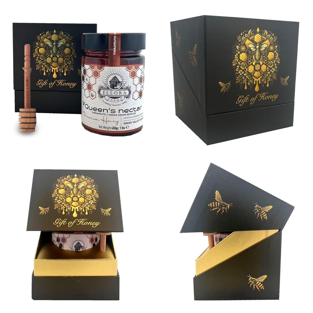 Ellora Farms Greek Honey from Greece, Lemon & Orange Blossom Raw Unpasteurized Honey, 2025 Paris Platinum Award, Non-GMO and Unpasteurized, Gift Pack with Dipper - 450 g