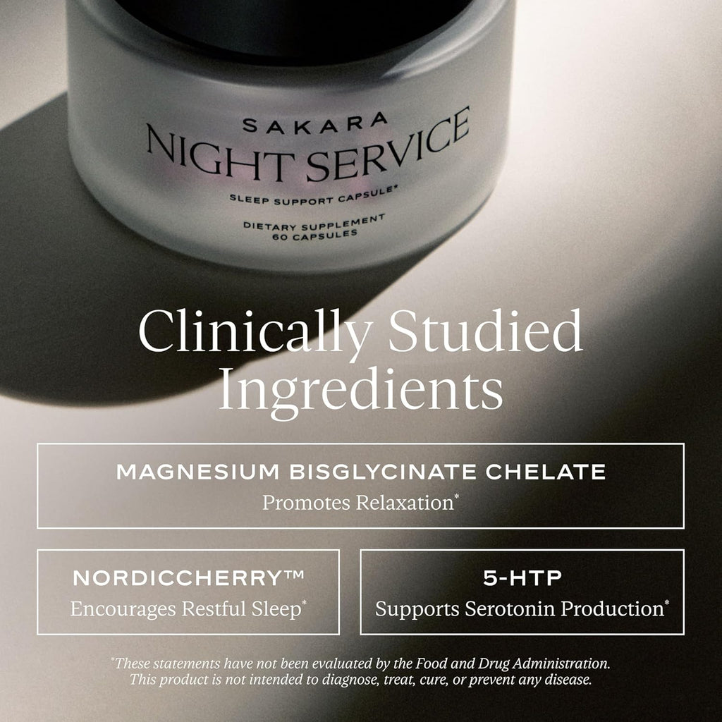 SAKARA Night Service Sleep Support – Natural Assistance for Better Sleep with Magnesium Glycinate, NordicCherry™ & 5-HTP for Calming, Deep Sleep – Supports A Full Sleep Cycle – 60 Capsules