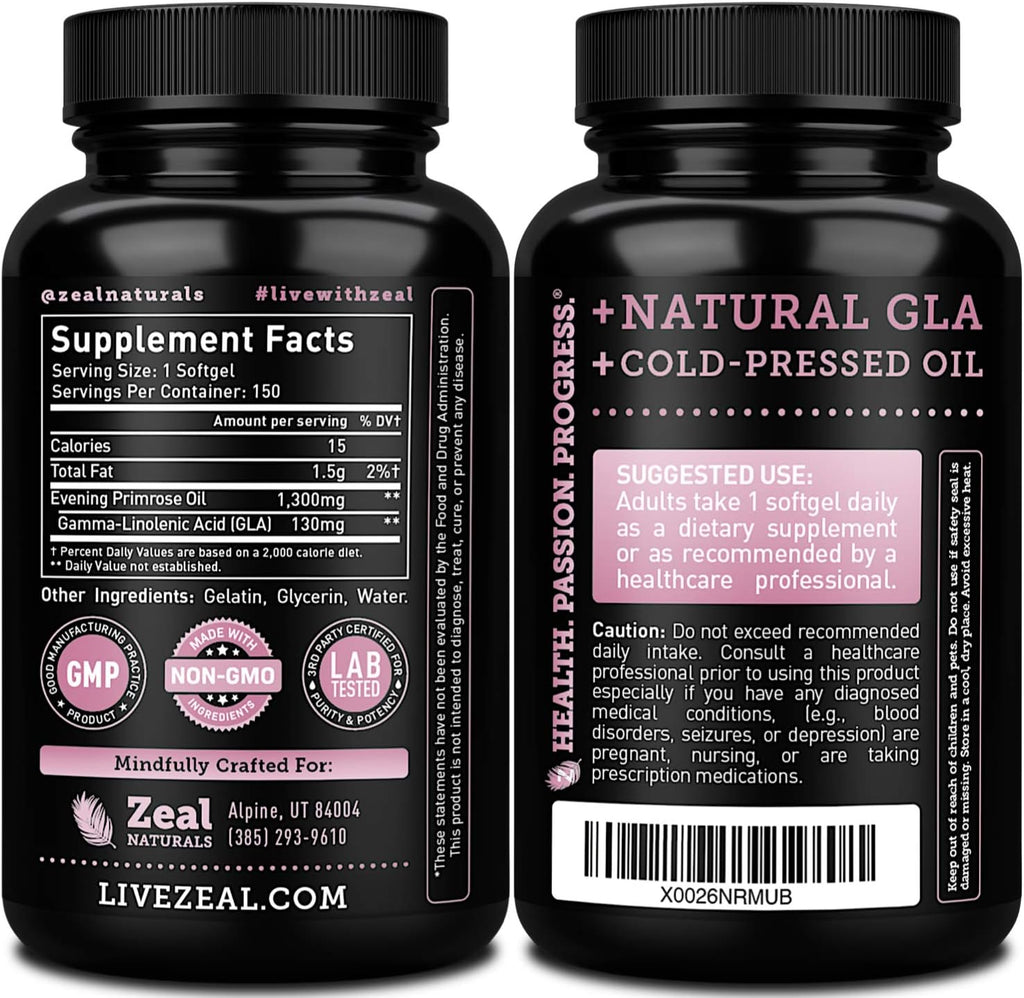 Evening Primrose Oil Capsules (150 Liquid Softgels | 1300mg) Premium Evening Primrose Oil – Natural-Sourced Hormone Support Supplement for Women - Cold Pressed w. 10% GLA