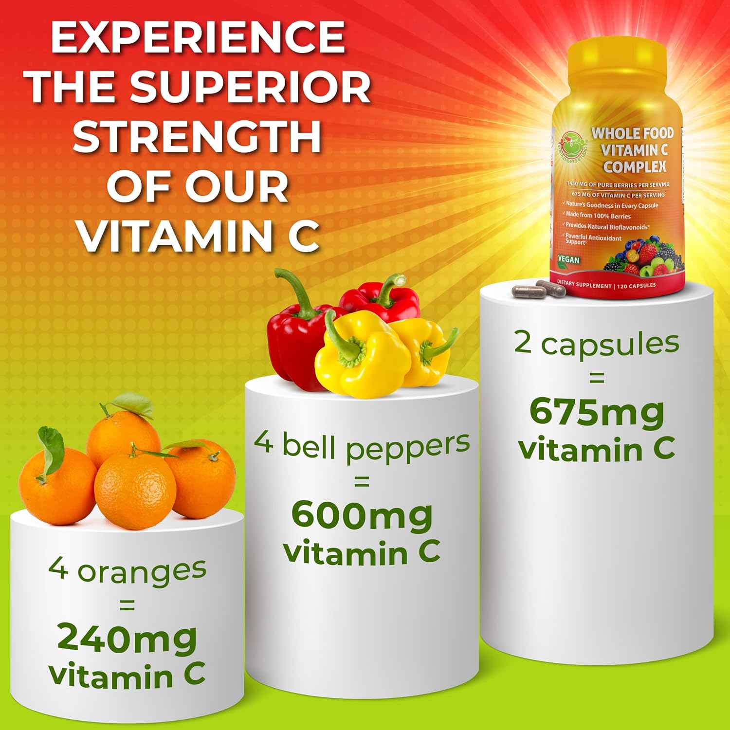 Whole Food Vitamin C Complex - 1450mg Organic Berries - 675 mg Vitamin C per Serving, High-Potency Antioxidant & Immune Support with Acerola, Amla and Natural Bioflavonoids - Vegan, Non-GMO, 120 Count