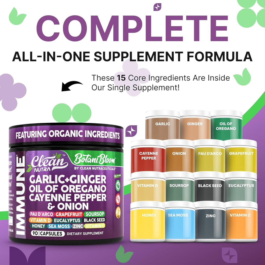 Clean Nutra Garlic Ginger Oil of Oregano Cayenne Pepper Grapefruit Soursop Black Cumin Sea Moss Black Pepper Vitamin C and Zinc VIT C Detox Gut Health Black Seed Cleanse 90 Vegan Capsules