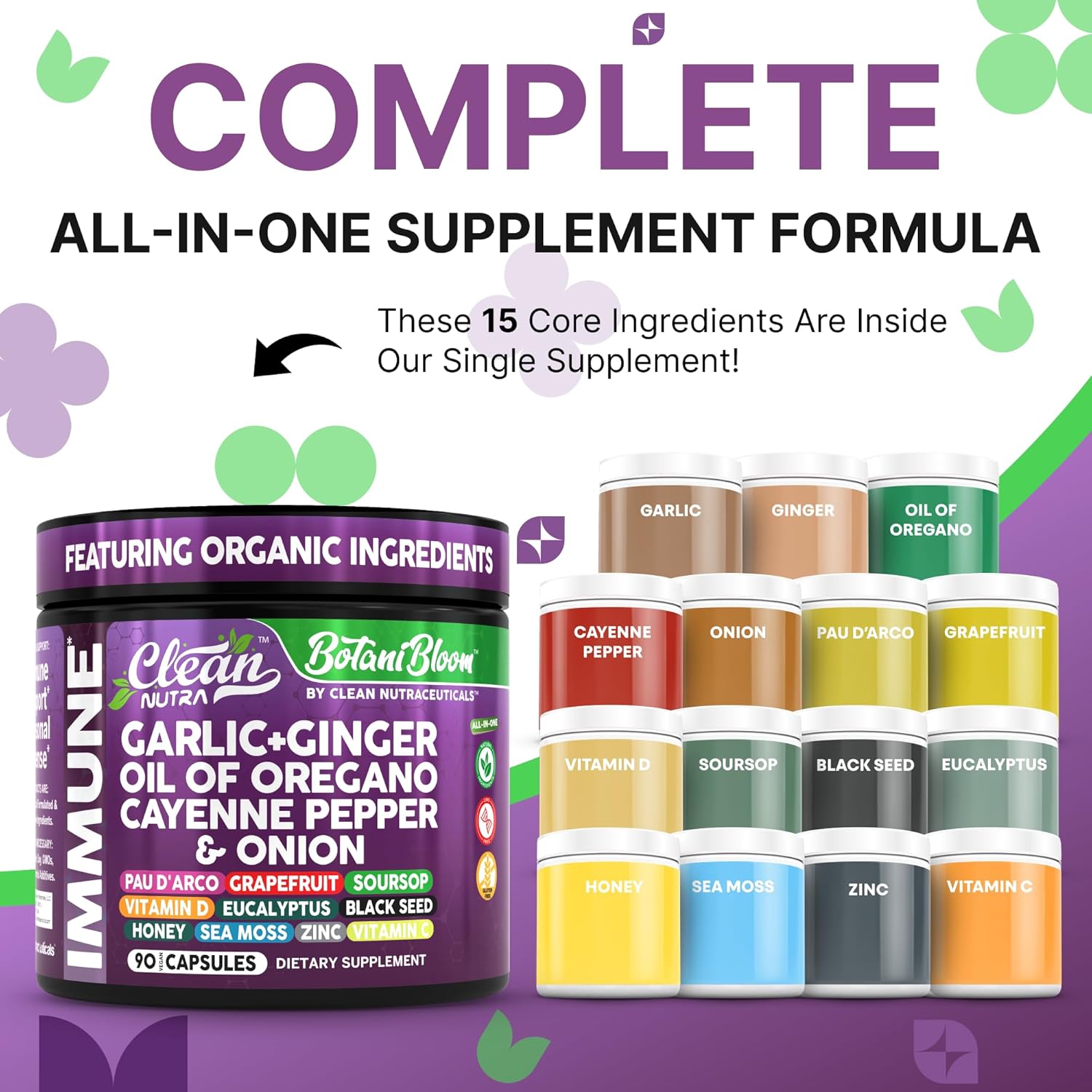 Clean Nutra Garlic Ginger Oil of Oregano Cayenne Pepper Grapefruit Soursop Black Cumin Sea Moss Black Pepper Vitamin C and Zinc VIT C Detox Gut Health Black Seed Cleanse 90 Vegan Capsules