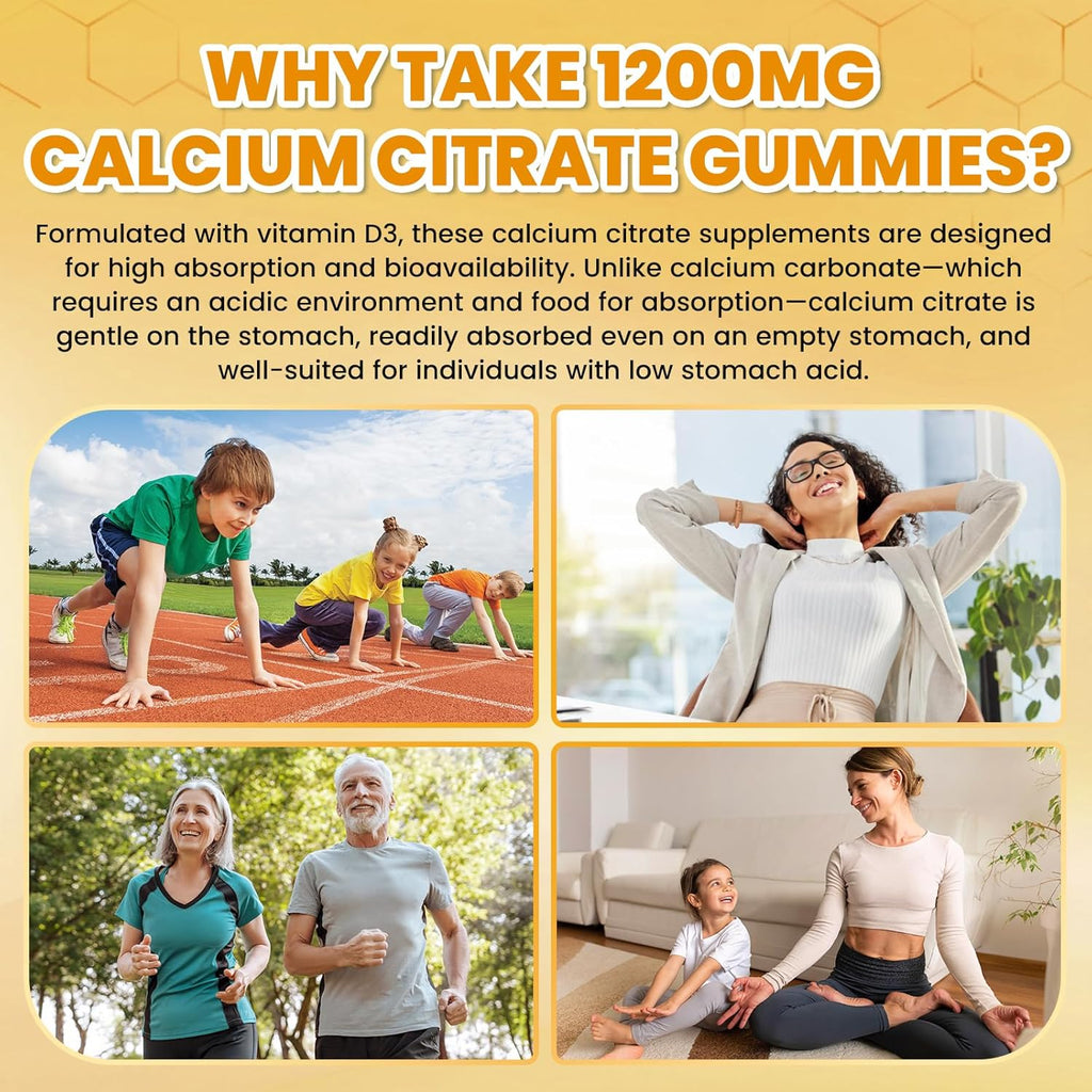 Calcium Citrate Gummies - 1200mg Calcium Gummies Supplements for Women & Men with Vitamin D3, K2, Magnesium, Zinc High Absorption for Bone, Muscle & Immune Support, Pineapple Flavor, 120 Count