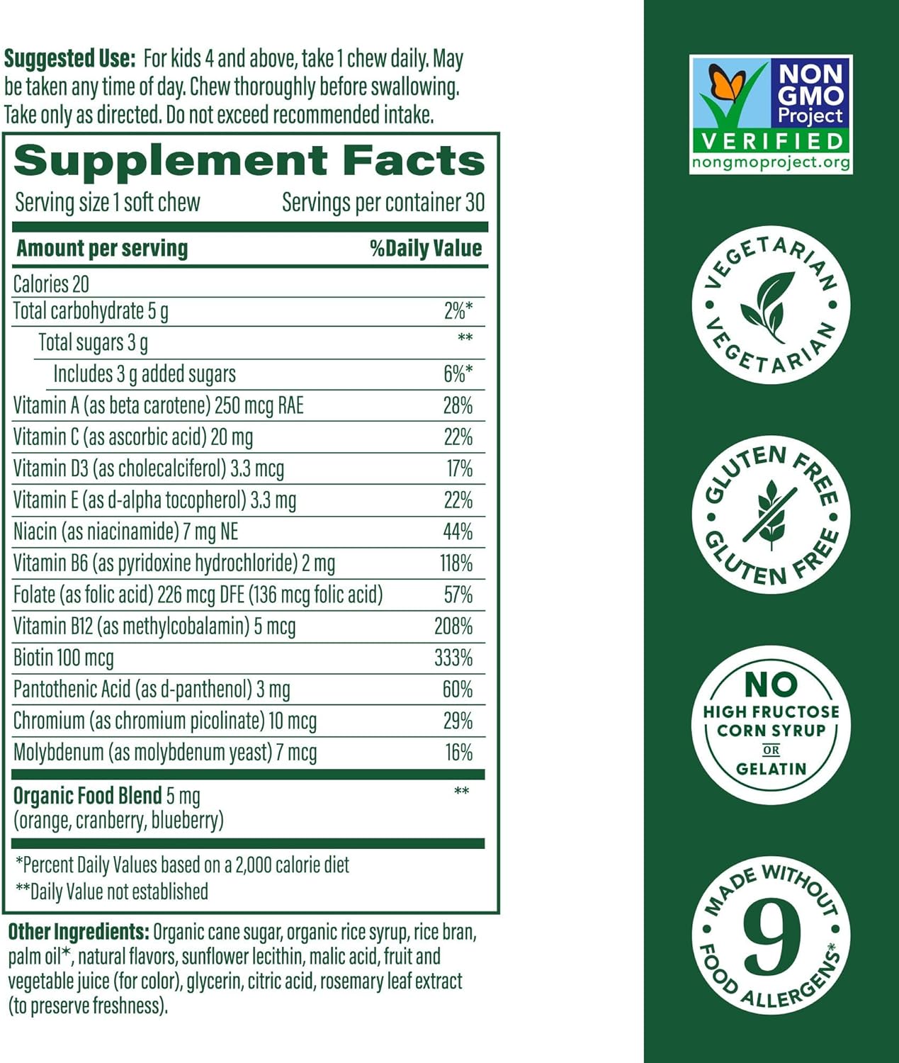 MegaFood Kids One Daily Multivitamin Soft Chews - Kids Vitamins with Vitamin B, Vitamin C, Vitamin D & Vitamin E - Age 4+, Vegetarian, Made Without 9 Food Allergens - Grape Flavor - 30 Chews