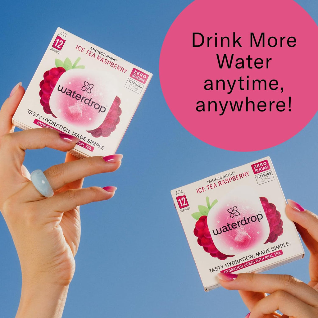 Waterdrop Hydration Cubes, Iced Tea Raspberry, 230 MG Electrolyte & Vitamin Blend Drops for Still & Sparkling Water, Vitamin C & B3, On The Go, Low Calorie, Zero Sugar, Non GMO & Gluten Free, 24 CT