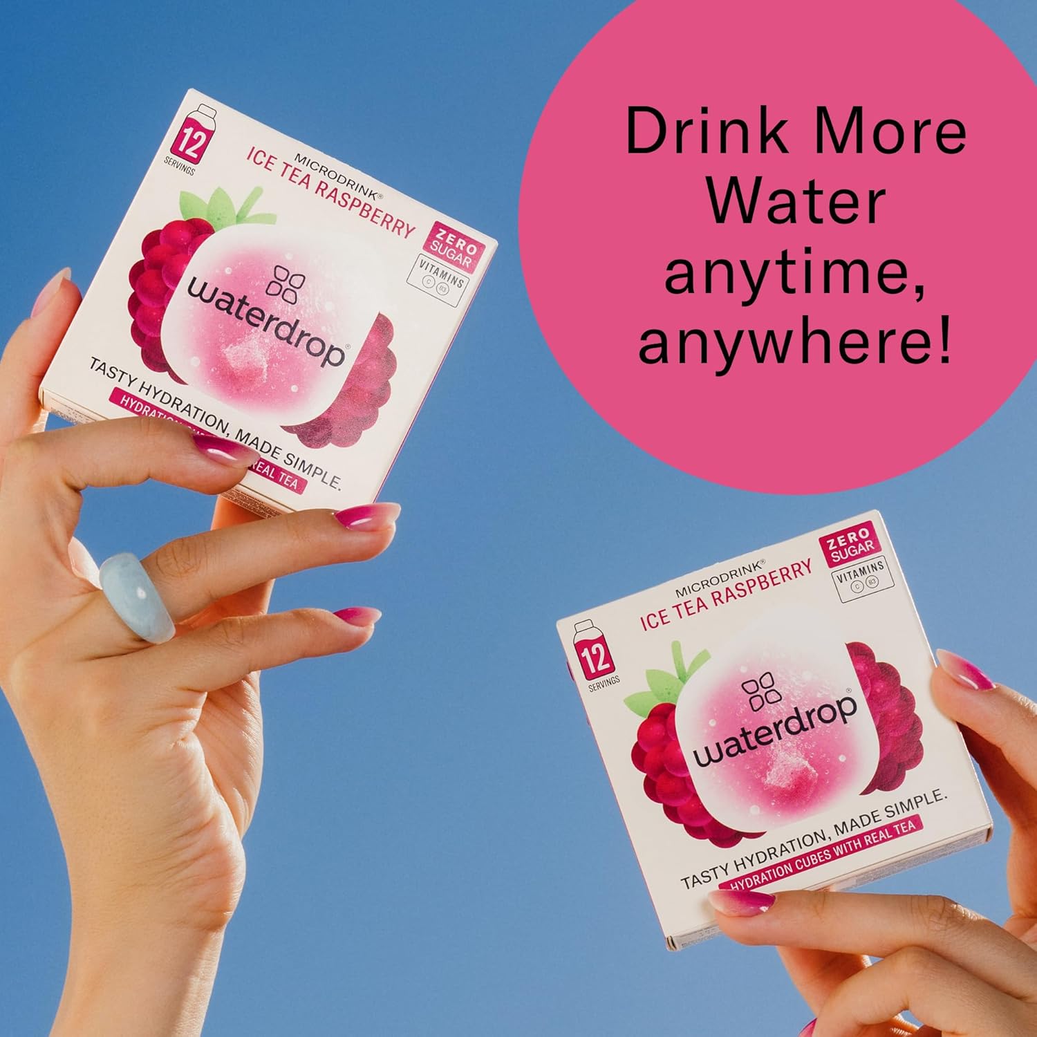 Waterdrop Hydration Cubes, Iced Tea Raspberry, 230 MG Electrolyte & Vitamin Blend Drops for Still & Sparkling Water, Vitamin C & B3, On The Go, Low Calorie, Zero Sugar, Non GMO & Gluten Free, 24 CT