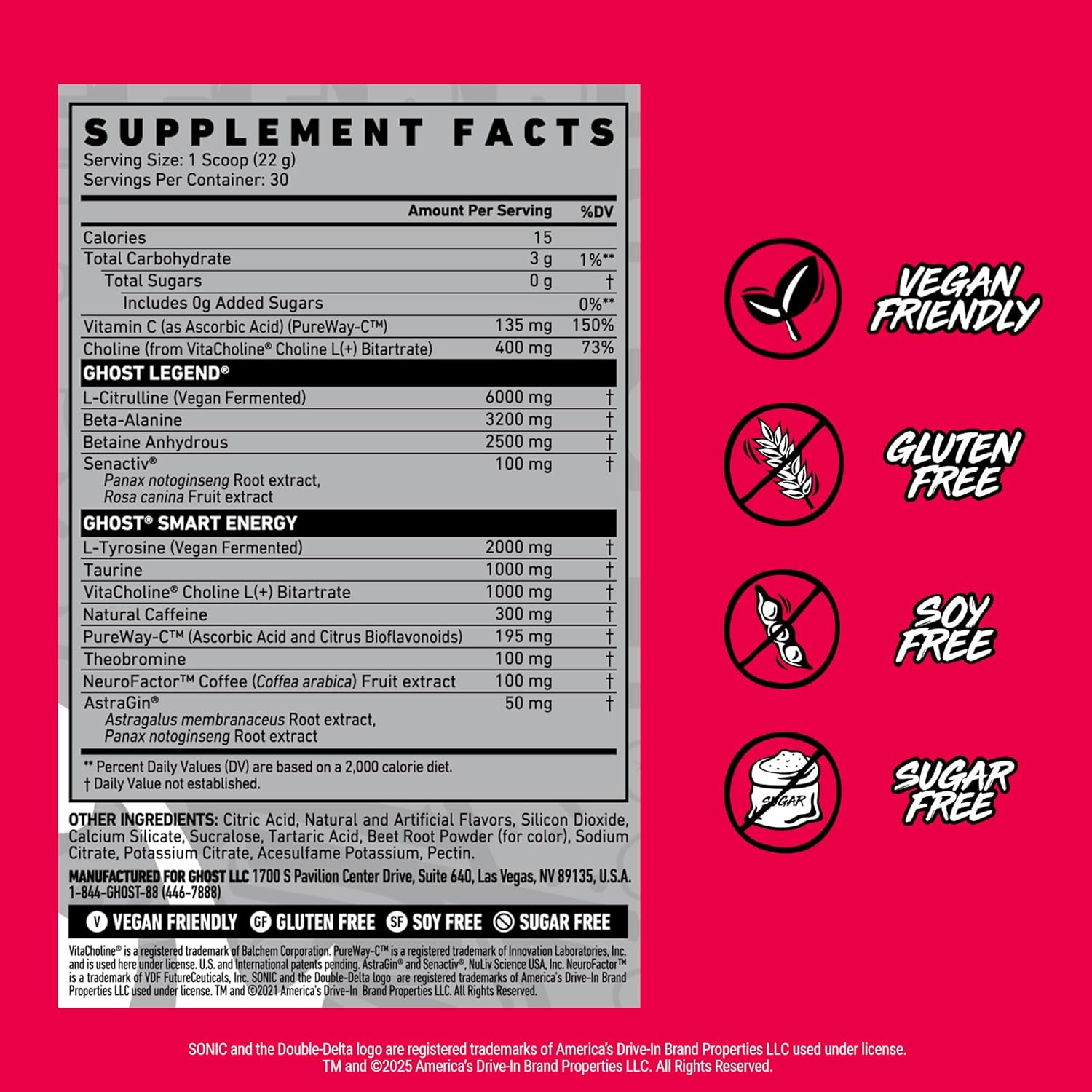 GHOST Legend Pre-Workout Powder, Sonic Cherry Limeade - 30 Servings – Pre-Workout for Men & Women with Choline, L-Citrulline, & Beta Alanine for Energy & Focus