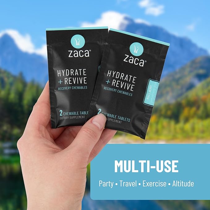 Zaca Recovery Chewable Supplement | Hydrate + Revive | Party, Travel, Exercise & Altitude | Non-Sugar & Non-Gluten | Mixed Berry, 2 Packets = 4 Tablets