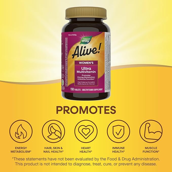 Nature's Way Alive! Women's Daily Ultra Multivitamin, High Potency Formula, Promotes Energy Metabolism and Muscle Function*, Women's Vitamins, Methylated Vitamin B12, 150 tablets