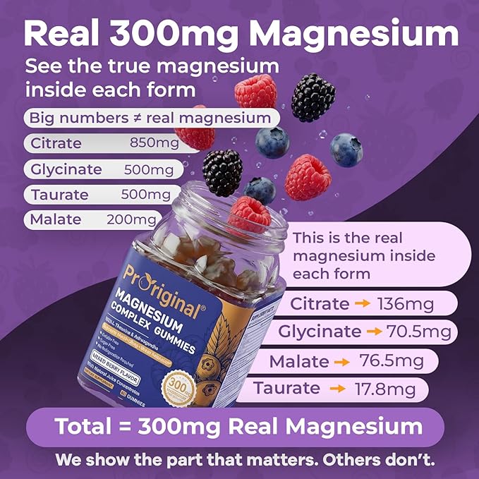 Magnesium Gummies for Stress & Sleep - 300mg Magnesium Complex with Glycinate, Citrate, Malate & Taurate - Supports Relaxation, Muscle & Heart Health - Vegan, Sugar-Free, Non-GMO - 120 Gummies