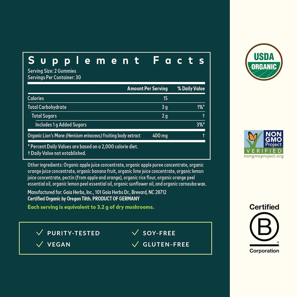 Gaia Herbs Lion's Mane Mushroom - Natural Brain Support Supplement - Made with Organic Lion's Mane Mushrooms - Free from Gluten, Soy & Dairy - 60 Vegan Gummies (30 Servings)
