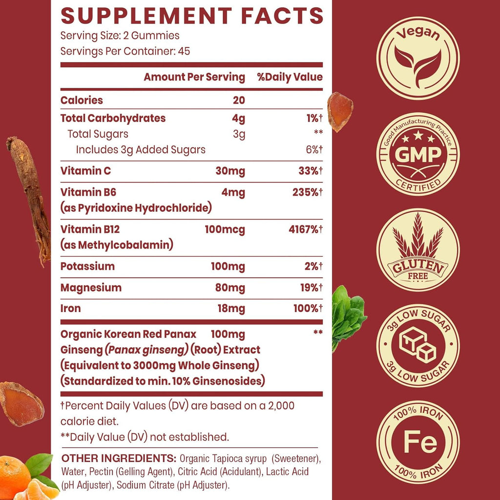 Korean Red Panax Ginseng Supplement Gummies - Iron Supplements for Women & Men - Iron Gummies with Vitamin C, B6, B12, Potassium & Magnesium, Vegan - 90 Count