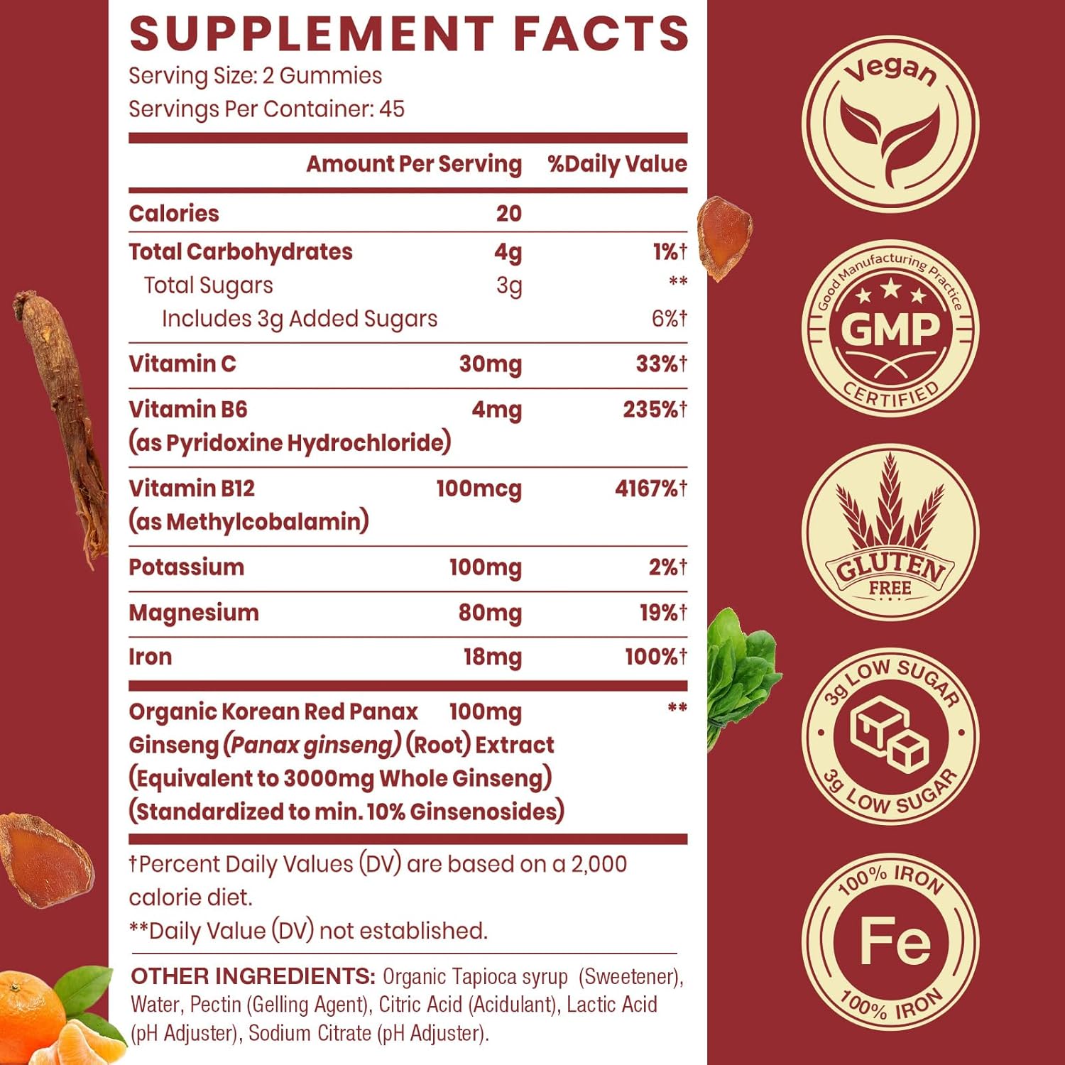 Korean Red Panax Ginseng Supplement Gummies - Iron Supplements for Women & Men - Iron Gummies with Vitamin C, B6, B12, Potassium & Magnesium, Vegan - 90 Count