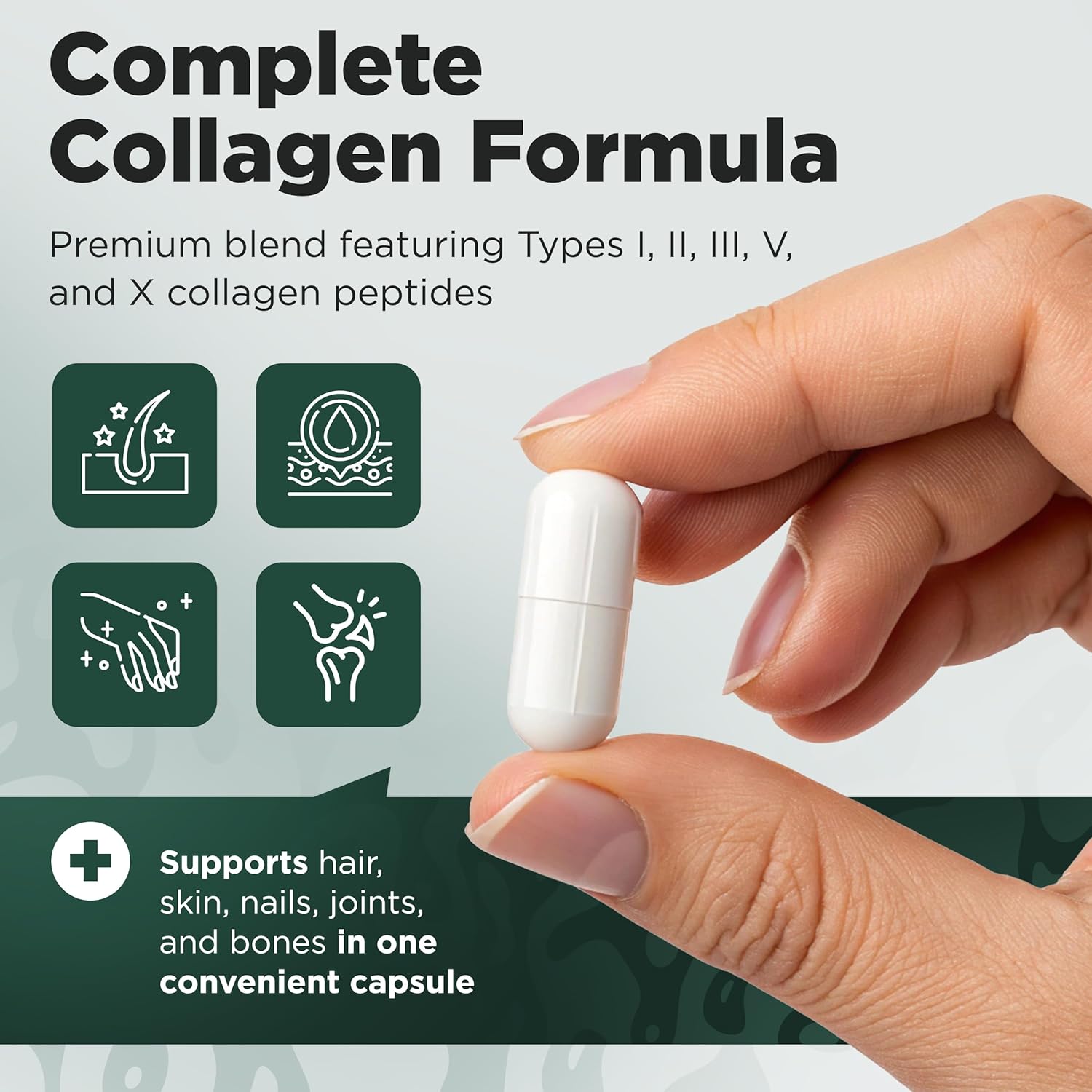Complete Collagen Capsules for Women – 1800mg, Types I, II, III, V, X for Hair, Skin, Nails, Joints & Bone Health, High Absorption, Anti-Aging, Non-GMO, Gluten-Free, 90 Capsules