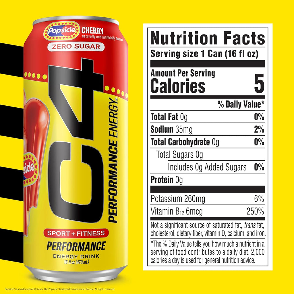 Cellucor C4 Energy Drink Cherry, Carbonated Sugar Free Pre Workout Performance Drink with no Artificial Colors or Dyes, 16 Oz, Pack of 12