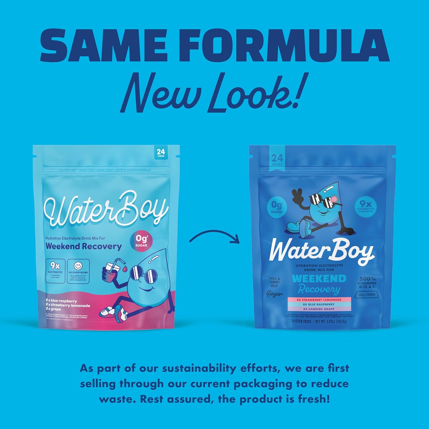 Waterboy Weekend Recovery Variety | 3,200mg Electrolyte Powder Packets | Ginger + L-Theanine + Vitamins | No Sugar, All Natural, Gluten Free | 24 Drink Stick Mixes (Variety Pack)