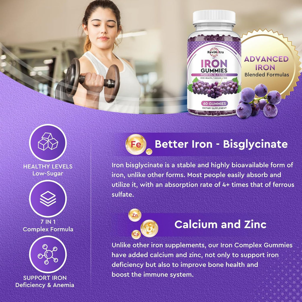 Iron Gummies - with Calcium, Zinc, Folate & Vitamin B12, C, B6 for Adults & Kids - Blood Builder & Energy Support for Iron Deficiency, Anemia, Vegan - Grape Flavour,60 Gummies