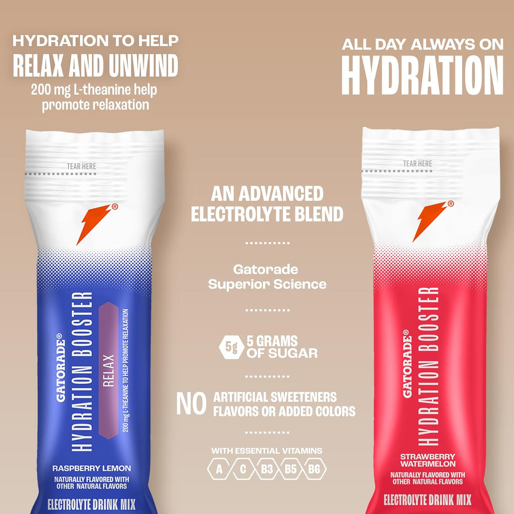 Gatorade Hydration Booster Electrolyte Drink Mix Powder Packets, Relax and Unwind, Raspberry Lemon, Makes 20 Fl Oz (6 Pack)