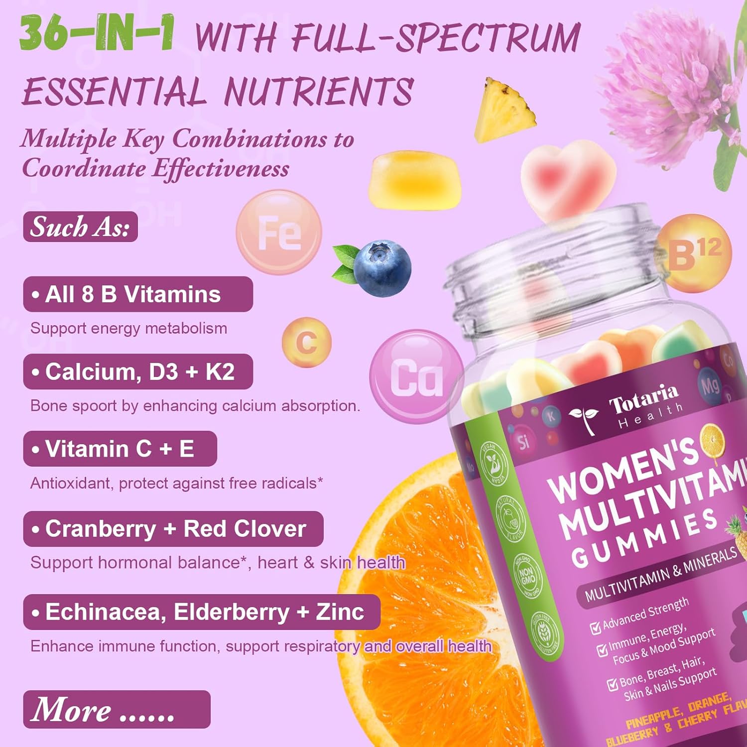 Sugar Free Womens Multivitamin Gummies with Iron, Women's Multivitamin w/Vitamins C, D3 K2, B12, B6, Filled Gummies for Daily Nutritional Support| Immune Support| Skin Health, Mixed Flavors, 60 Cts