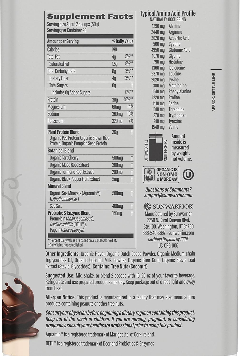 Sunwarrior Organic Plant Based Protein Powder | Vegan Organic Protein Powder with BCAA Amino Acids Plus Recovery Minerals & Botanicals | Non-GMO Soy Dairy & Gluten Free (Chocolate, 20 Servings)