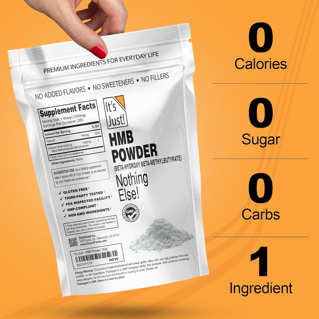 It's Just! - HMB Powder, 250g, Beta-Hydroxy Beta-Methylbutyrate, as Calcium HMB, Batch Tested Gluten Free, Non-GMO, Heavy Metal Tested, Keto Friendly (Unflavored, 250g)