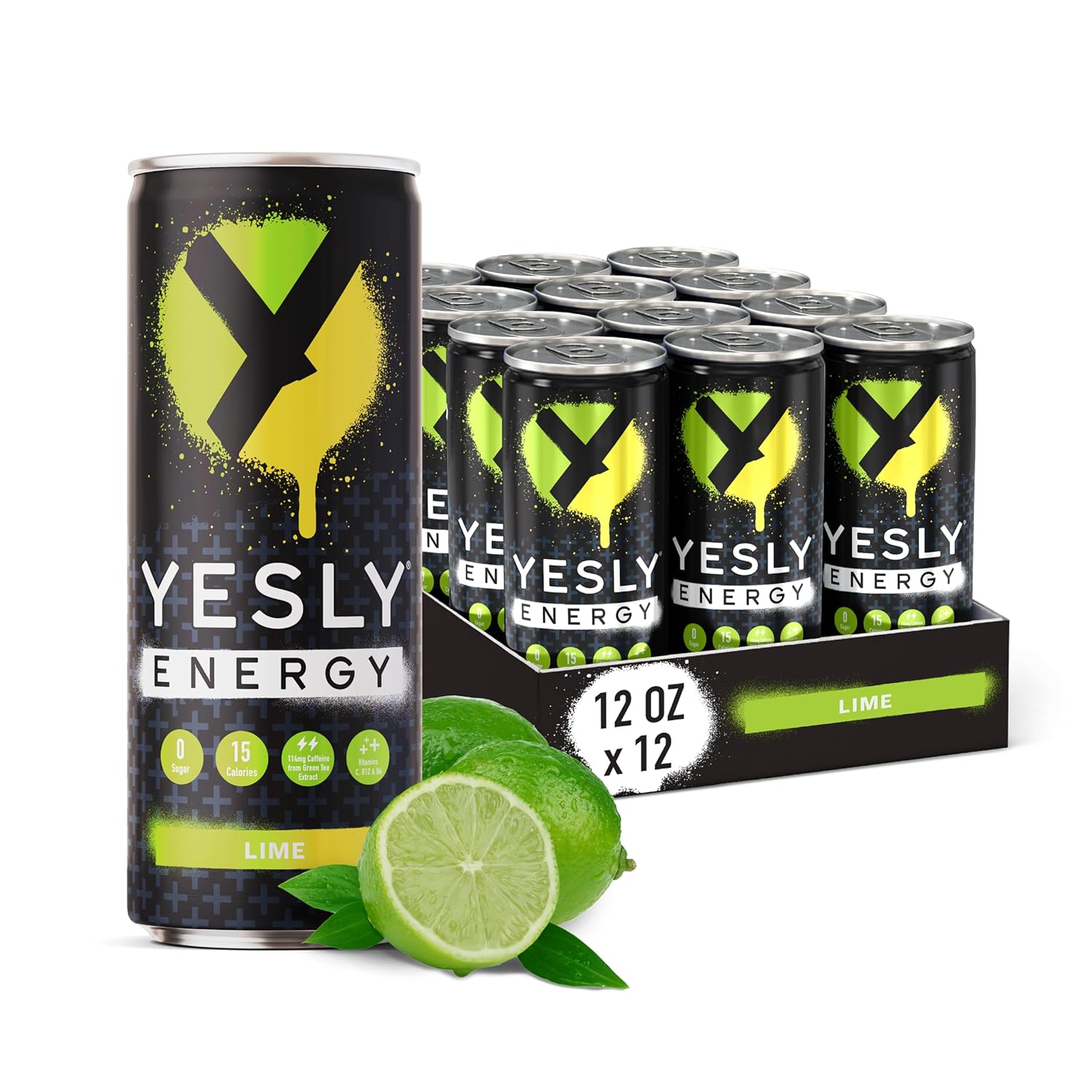 Yesly Energy Drink, Lime, Naturally Flavored Sparkling Energy Drink With Electrolytes, Magnesium, Potassium, Vitamin C, B6 & B12, Natural Caffeine From Green Tea, Zero Sugar, 12 Fl Oz Cans, 12 Pack