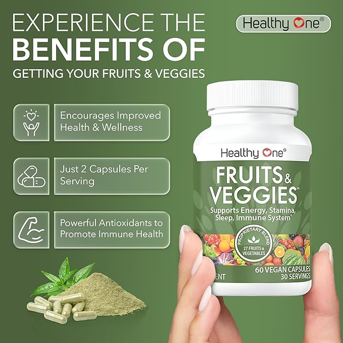 Fruits & Veggies Formula - 27 Premium Whole Foods - Organic Ingredients - Equals 3 Servings of Fruits & Vegetables - Improve Energy, Focus & Immune Function - Fiber - Antioxidants - 60ct (30 Serv)