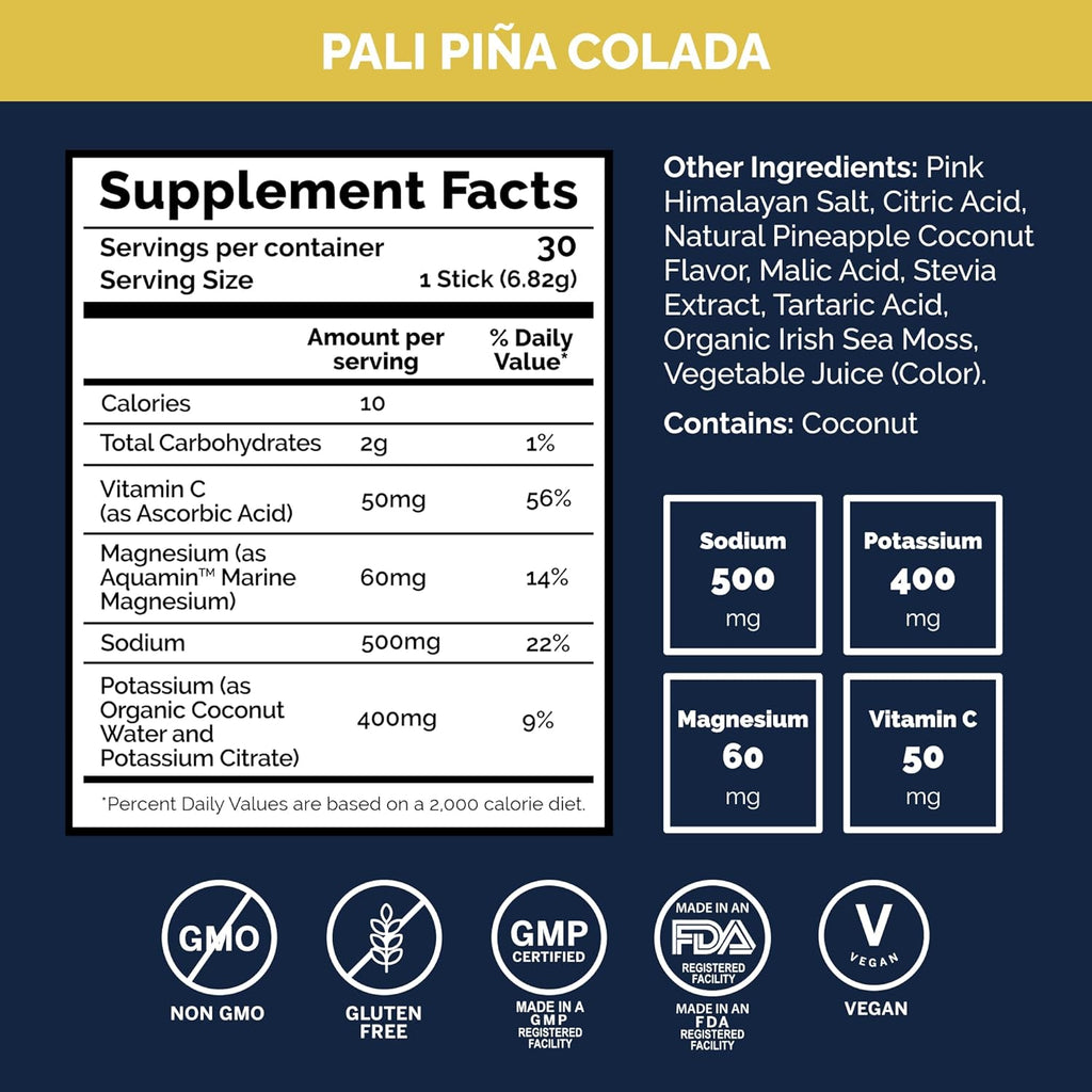 Voli Electrolytes Powder Packets | No Added Sugar Electrolyte Drink Mix for Hydration | Keto & Fasting Friendly, Natural Superfoods & Minerals | Pina Colada, 30-Count