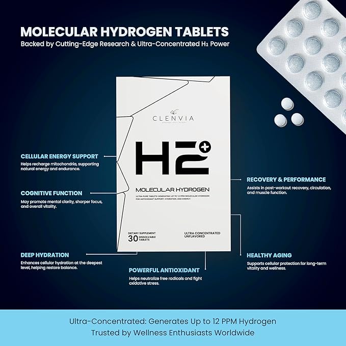 Molecular Hydrogen Tablets with Magnesium – 12 PPM Hydrogen Water Tablets for Drinking Water – Antioxidant Support for Cellular Energy, Recovery & Mental Clarity – Non-GMO, Unflavored (30 Tablets)