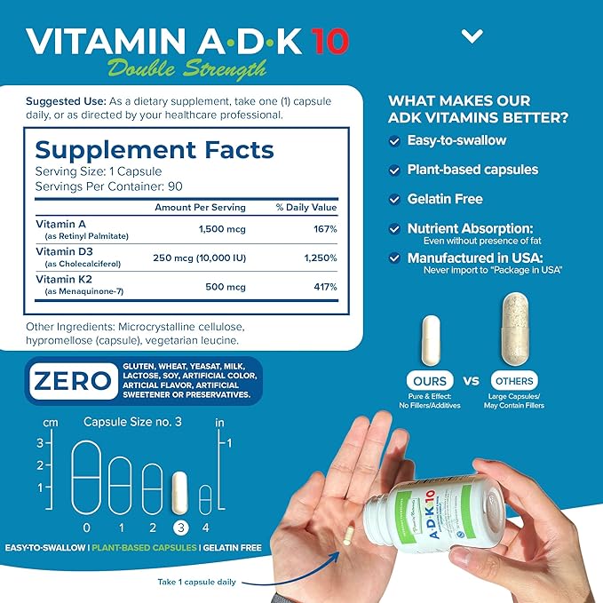 Power By Naturals ADK Vitamin Supplement – ADK 10 High Potency with Vitamins A, D3 10,000 IU & K2 MK7 for Superior Heart, Immune & Bone Health Support – 90 Capsules, 1 Pack (3-Month Supply)