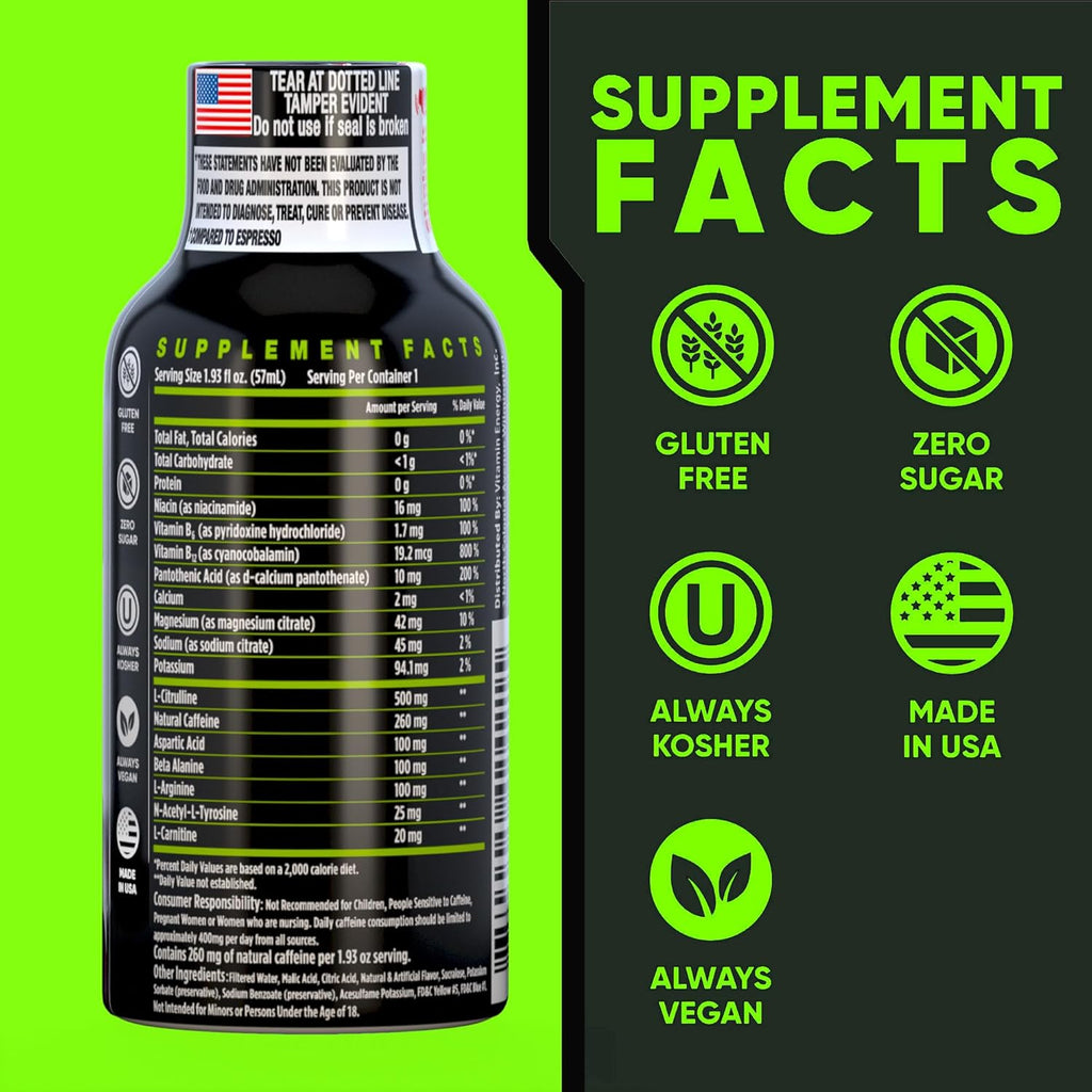 Vitamin Energy Workout+ Extra Strength Energy Shot Sour Apple 12 Pack, 260mg Natural Caffeine, Pre-Workout, B-Vitamins, Minerals, Endurance & Performance, Zero Sugar, Gluten-Free, Vegan, 1.93 fl oz