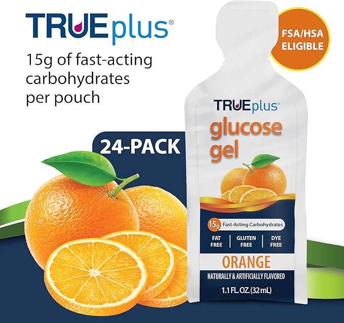TRUEplus Glucose Gel Pouch, Orange Flavor, 15g Fast-Acting Carbohydrates, Fat Free, Gluten Free, Quick Support for Low Blood Sugar and Energy, 24 Pack