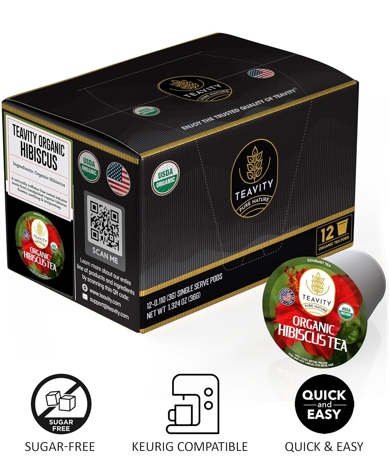 Organic Hibiscus Sabdariffa Tea Organic Naturally Decaf Tea Pods for Keurig by Teavity (36 Tea Pods)