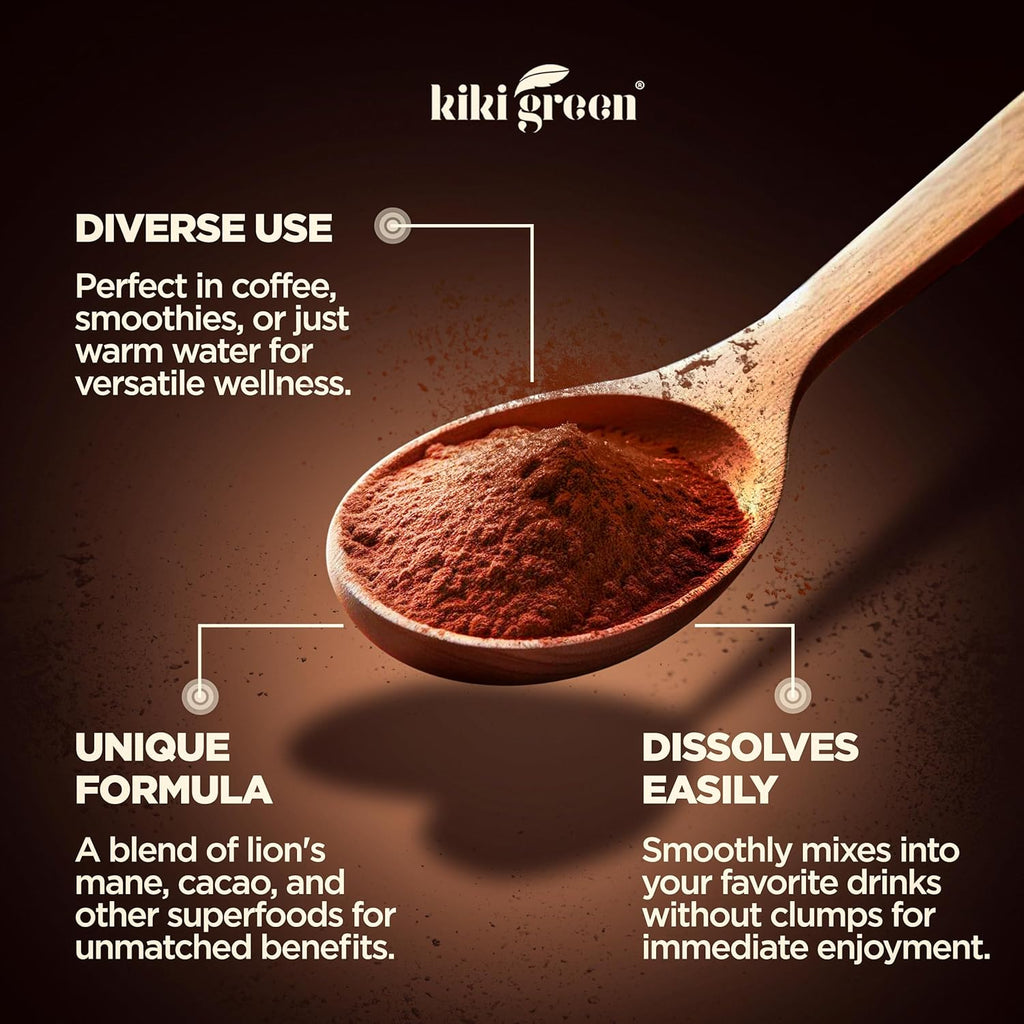 Shroomo Mushroom Coffee Alternative - Master Blend of Lion's Mane, Ashwagandha, Maca Root, Roasted Chicory, Monk Fruit For Mental Clarity, Energy, Focus - Cacao Hot Chocolate Drink 8 oz by KIKI Green