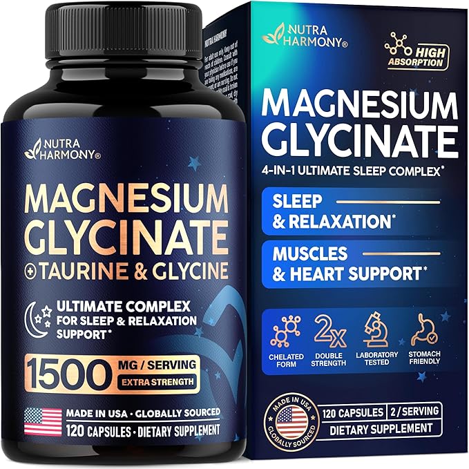Magnesium Glycinate - Sleep & Relaxation Support - Extra Strength Glycinate, Glycine & Taurine 1500 mg - Magnesium Supplement for Women & Men - Chelated & High Absorption - Made in USA - 120 Capsules