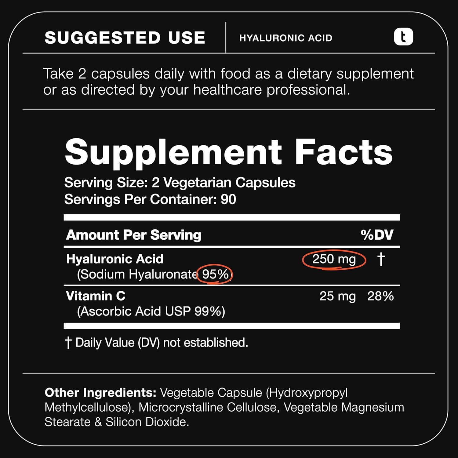 Hyaluronic Acid Supplements – Lab Tested 95% Ultra High Purity – Fermented and Bioavailable with Vitamin C – Third Party Lab Tested – 360 Capsules