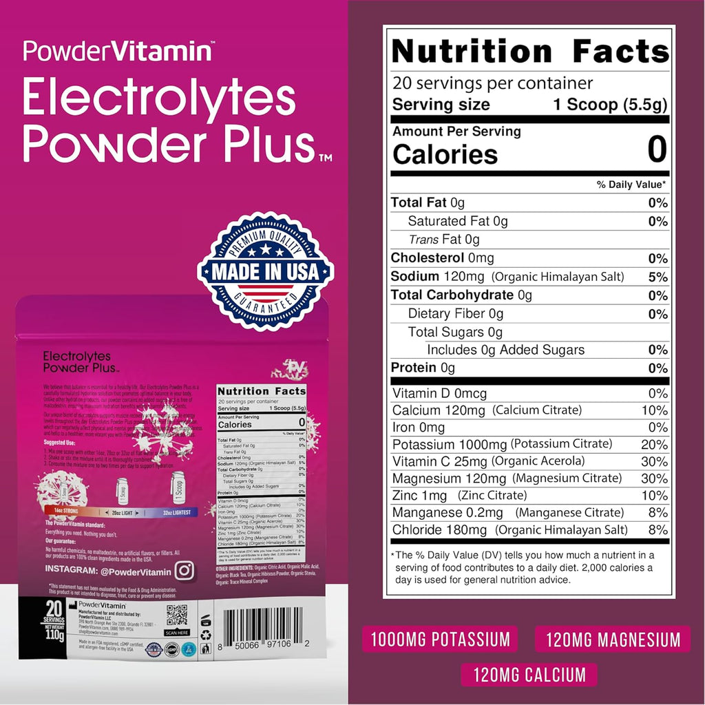 PowderVitamin Electrolytes Powder Plus (20 Servings) Black Tea Hibiscus Electrolyte Powder Keto, Sugar Free, Pink Himalayan Salt,1000mg Potassium,120mg Calcium,120mg Magnesium, Hydration Powder