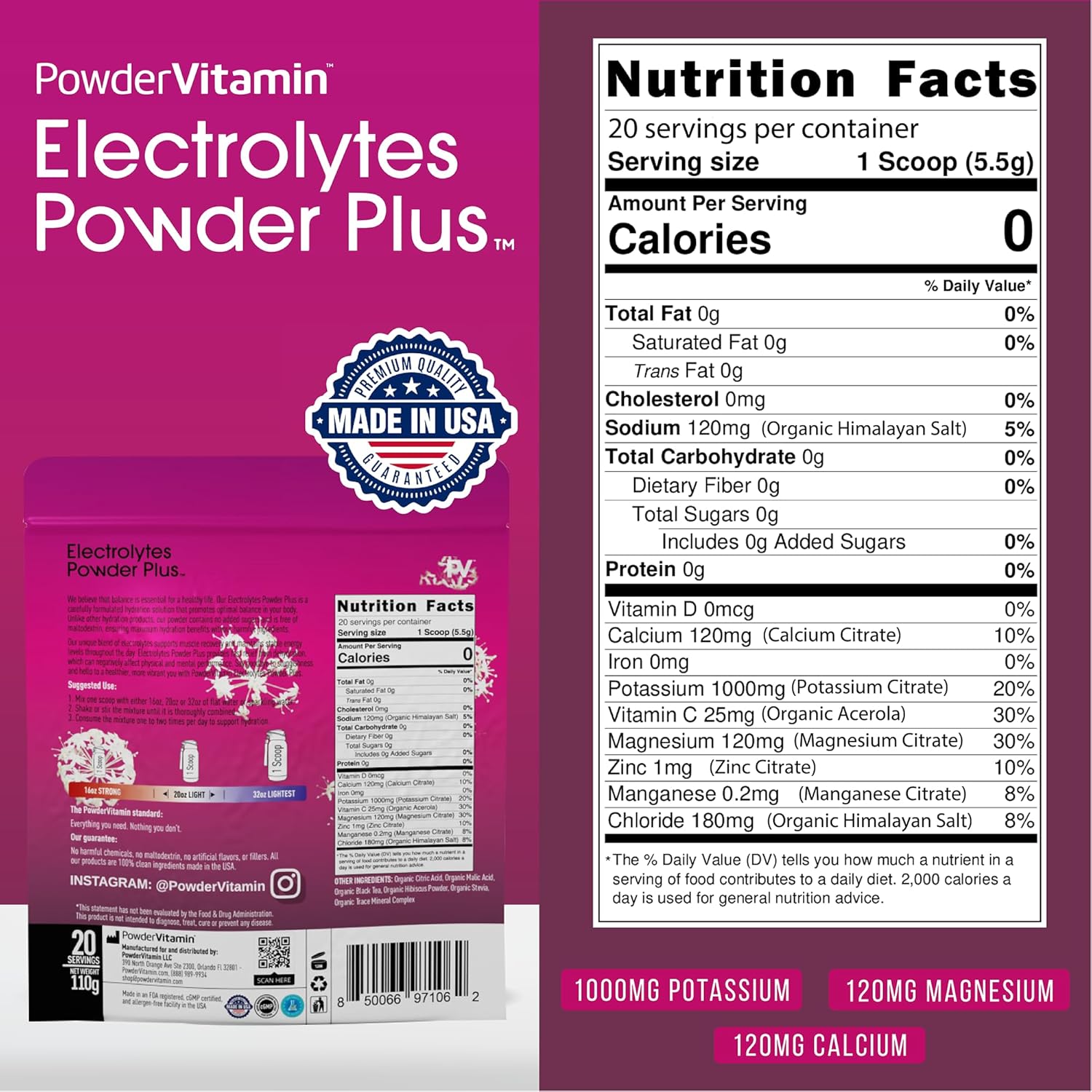 PowderVitamin Electrolytes Powder Plus (20 Servings) Black Tea Hibiscus Electrolyte Powder Keto, Sugar Free, Pink Himalayan Salt,1000mg Potassium,120mg Calcium,120mg Magnesium, Hydration Powder