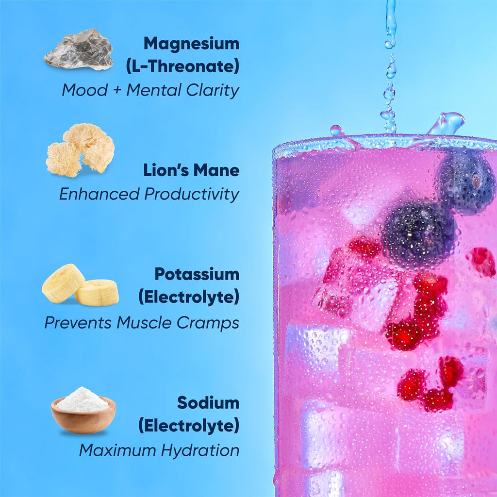 IQMIX Hydration Electrolyte Powder – 4-in-1 Formula for Hydration, Mental Clarity, Mood and Recovery – Sugar-Free Drink Mix, Keto, Magnesium L-Threonate, Lion’s Mane – 20 Count Blueberry Pomegranate