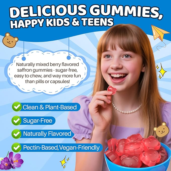Saffron for Kids Gummies, Liposomal Saffron Supplements Focus Calm Gummies, Organic Saffron Extract with Magnesium Glycinate, L-Theanine & GABA for Mood Sleep - Melatonin Free, Sugar Free, Vegan,120Ct