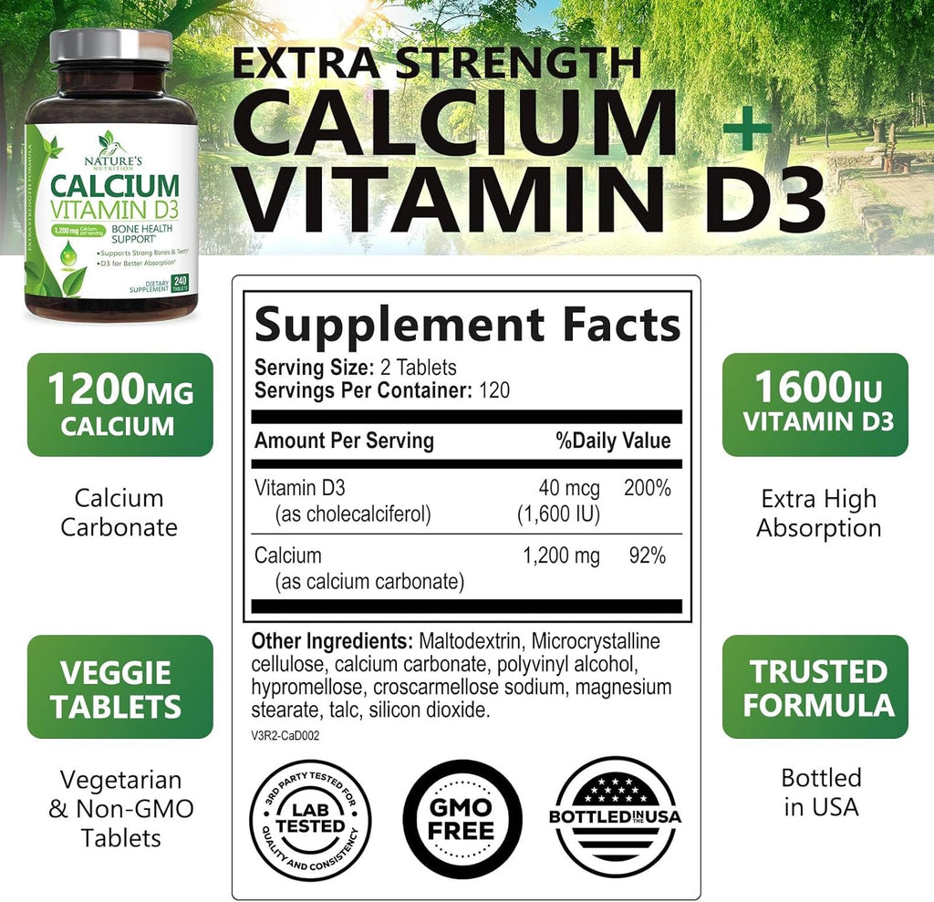 Calcium Supplement with Vitamin D - 1200 mg Calcium Carbonate with 1600 IU of D3 Vitamins - Supports Bone Strength, Teeth & Immune System - Natural & Easily Absorbable for Women & Men - 240 Tablets