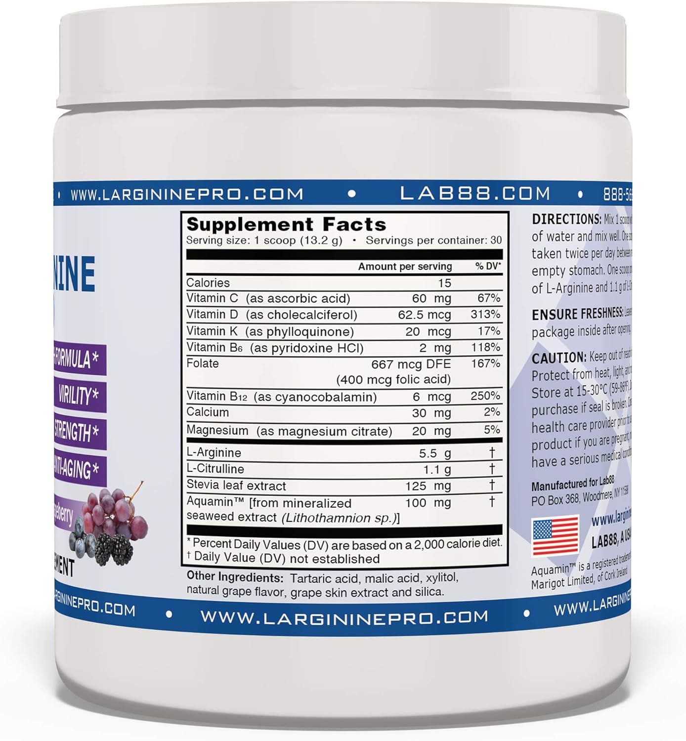 L-ARGININE PRO | 5,500mg L-Arginine Plus L-Citrulline 1,100mg Raspberry & Grape Powder Drink Mix Supplement for Increased Nitric Oxide Production