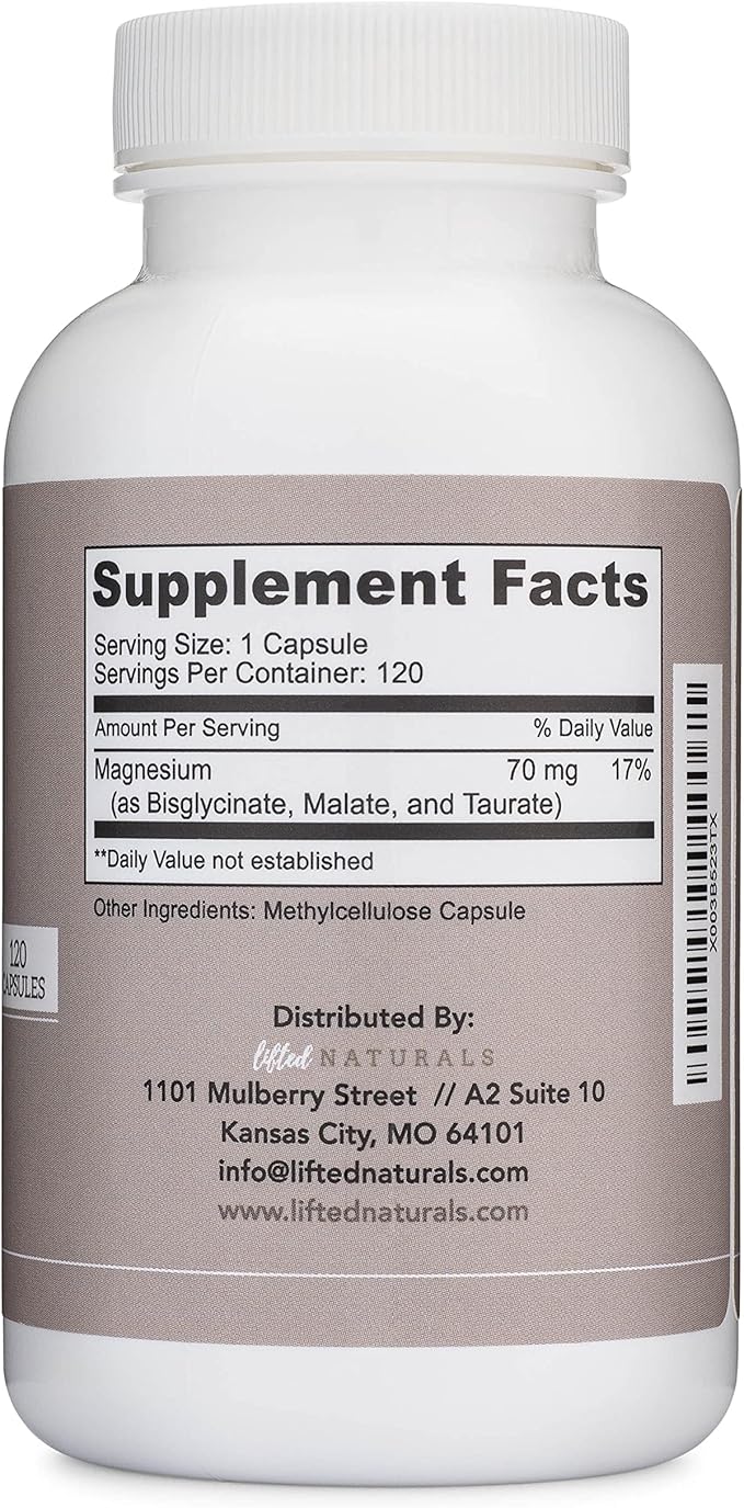 Magnesium Complex - Lifted Naturals Magnesium Supplement w/Bisglycinate, Malate, Taurate - 120 Capsules - Bioavailable Magnesium Formula for Mood, Sleep, Energy Support*