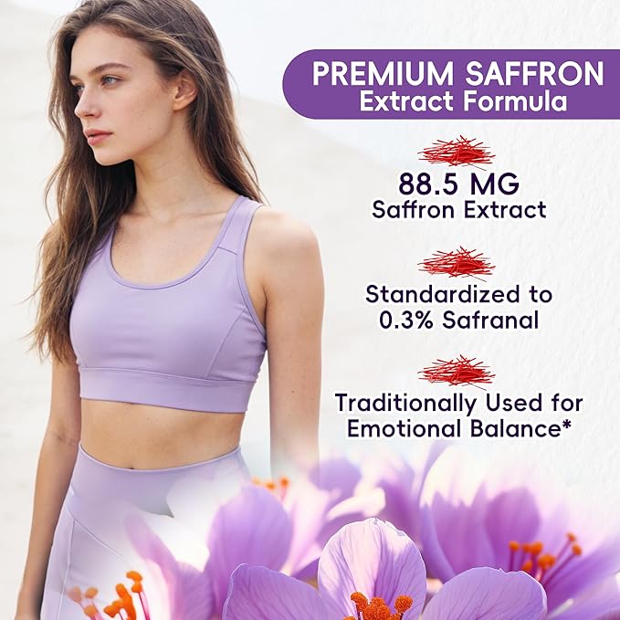 Saffron Mood Support Supplement – 0.3% Safranal with Ashwagandha & L-Theanine for Stress Relief, Calm Mood & Emotional Balance – Made in USA – 60 Capsules