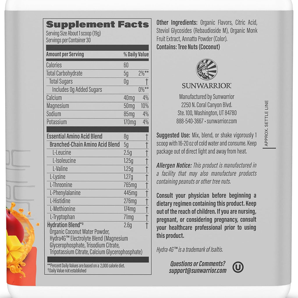 Sunwarrior Amino Acids Amino Energy Powder Essential Amino Acids EAA & BCAA | Muscle Repair Hydration & Recovery | Promote Wellness Strength & Endurance | Mango Flavor | 30 Servings | Active Aminos