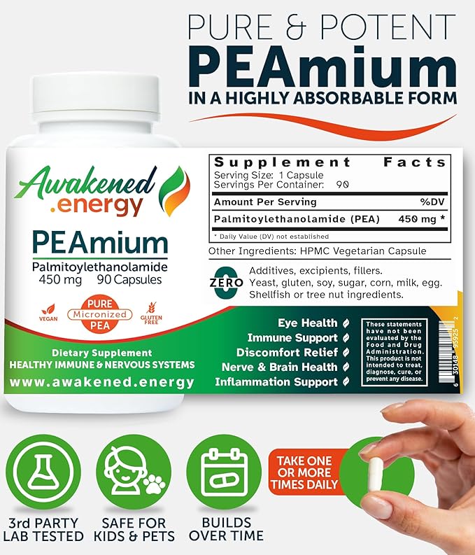 Palmitoylethanolamide 450mg Comfort Mobility Nerves Cognitive & Immune Support - Micronized High Absorption - All Natural Pea - USA Made - No Additives or Excipients – 90 Vegan Capsules Supplement