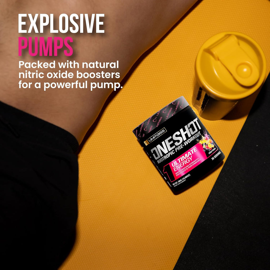 Oneshot Pre Workout Powder for Men and Women - BCAAS Amino Acids Supplement Powder, 200mg Caffeine, Beta Alanine Powder, Citrulline Malate Preworkout Powder - Fruit Punch - 30 Servings