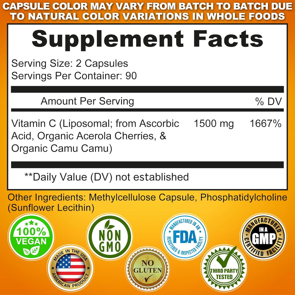 Liposomal Vitamin C Capsules - 1500mg - Made with Organic Acerola Cherries & Camu Camu, High Potency Vitamin C Liposomal - Immune Support Supplement, Enhanced Absorption & Bioavailability - 180 Count